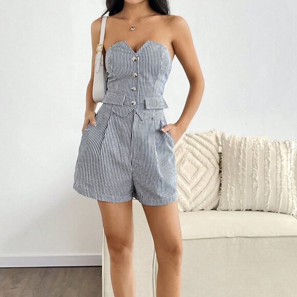 Blue And White Elegant Women's Striped Camisole Cardigan And Shorts Set - Picture 1 of 6